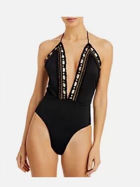 NWT Ramy Brook - “Angela” Crochet Plunge Swimsuit. Black Halter One-Piece